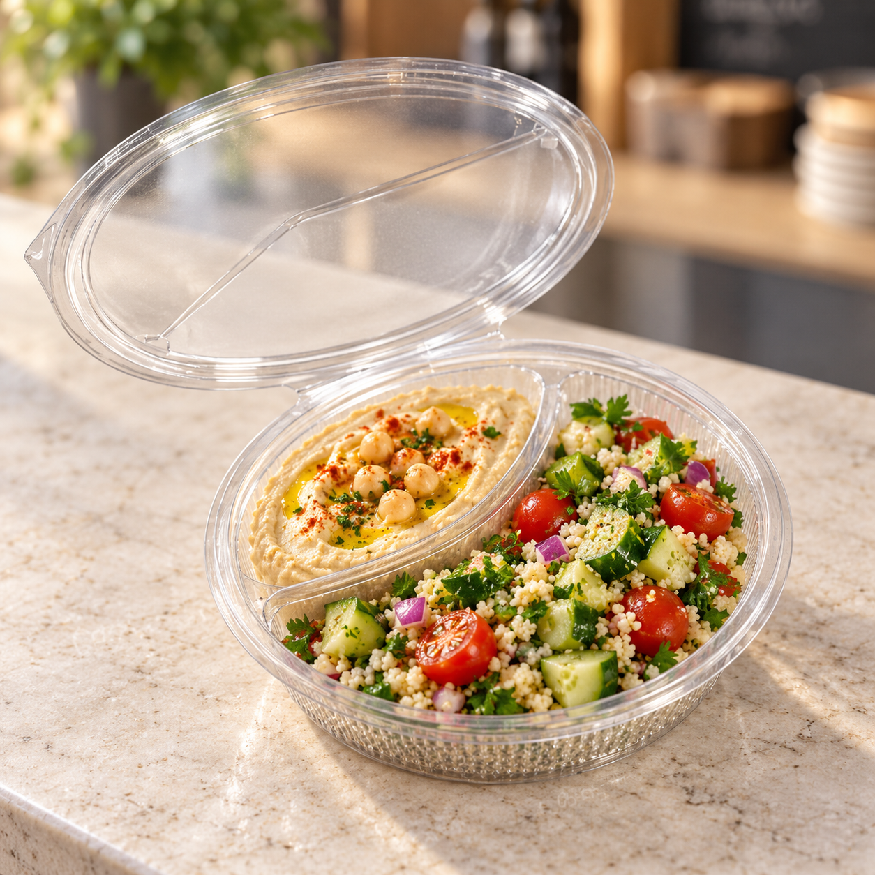 Somoplast [972] 2 Compartment 575cc Oval Clear Hinged Container (300 Pcs)