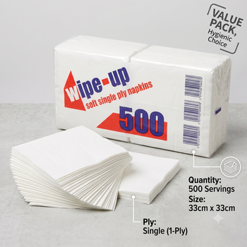 Wipe-Up White 1-Ply Napkins 33x33cm - Pack of 5000