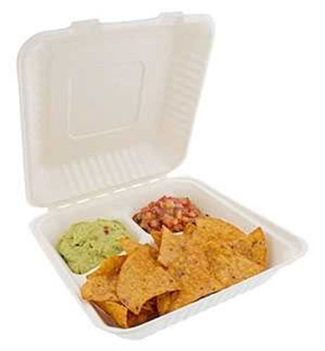 9-Inch Bagasse 3-Compartment Clamshell Box - Pack of 200