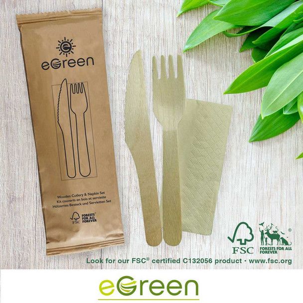 eGreen Individually Biofilm Wrapped 4-in-1 Wooden Cutlery Set (Spoon, Knife, Fork and Napkins) (Pack of 250)