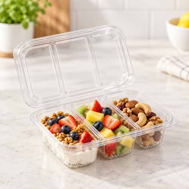 Somoplast 672 Clear Hinged 3 compartment Rect. Container - Pack of 500