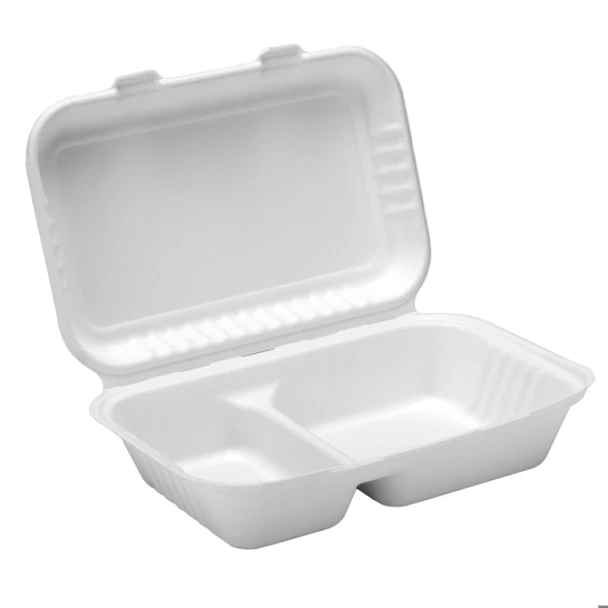 2 Compartment Bagasse Clamshell Lunch Box - 9x6x3" - 250 Pack