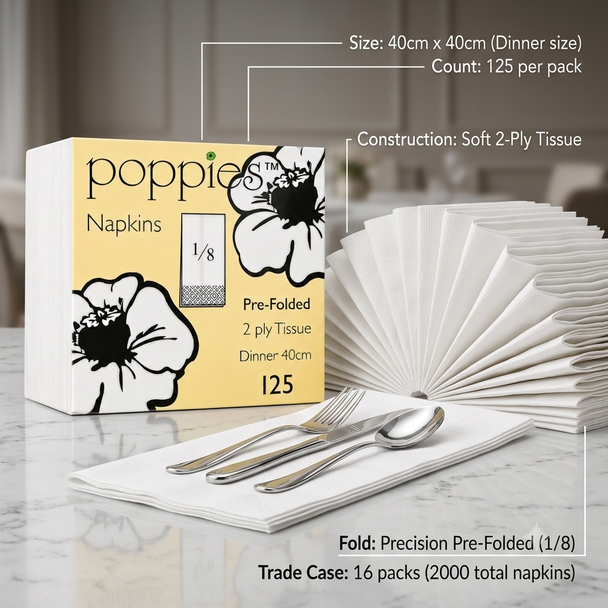 Poppies White 3-Ply Dinner Napkins 8 Fold  40x40cm - Pack of 1000