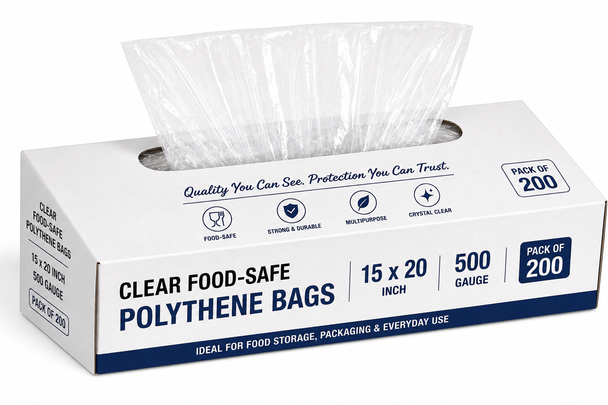 Clear Food-Safe Polythene Bags 15 x 20 Inch, 500 Gauge – Pack of 200