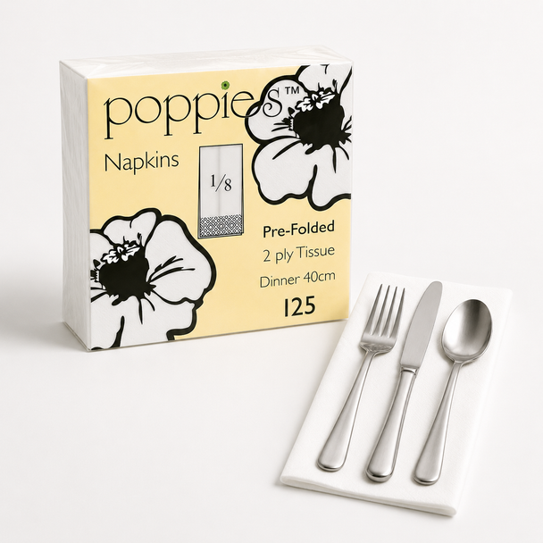 Poppies White 2-Ply 8-Fold Napkins 33x33cm - Pack of 2000