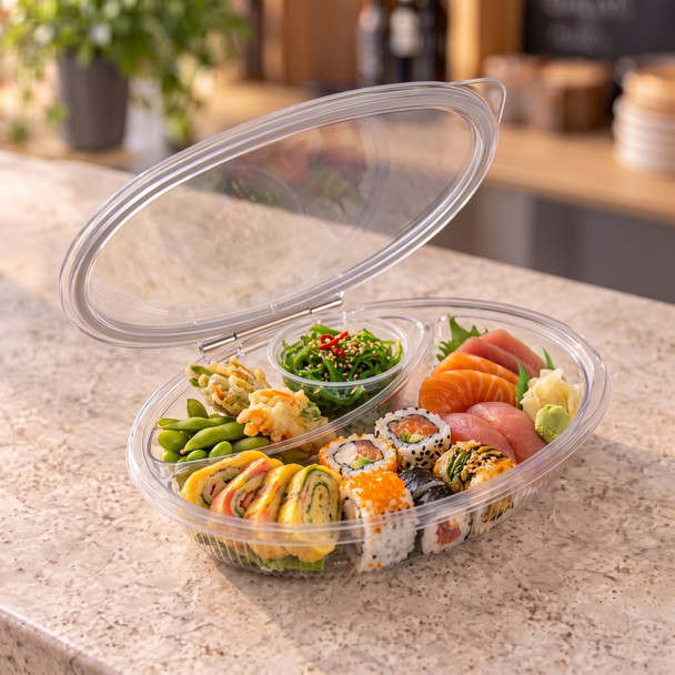 Somoplast [972] 2 Compartment 575cc Oval Clear Hinged Container (300 Pcs)