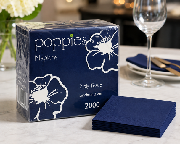 Poppies Navy Blue 2-Ply 4-Fold Napkins 33x33cm - Pack of 2000