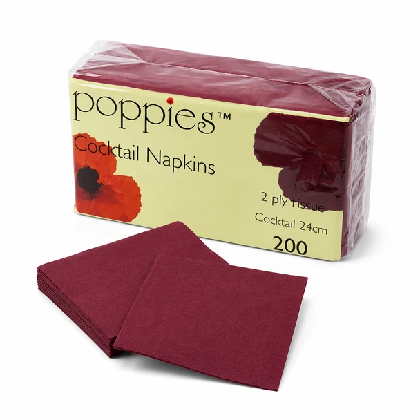Poppies Bordeaux 2-Ply Cocktail Napkins 24x24cm - Pack of 4000