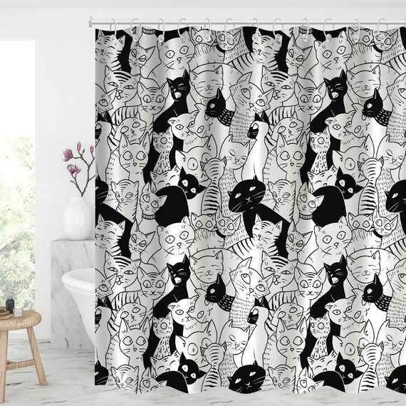 Black & White Cartoon Cat Waterproof Shower Curtains With 12 Hooks