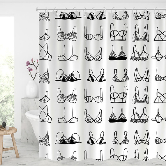 Black and White Boobs Art Waterproof Shower Curtains With 12 Hooks