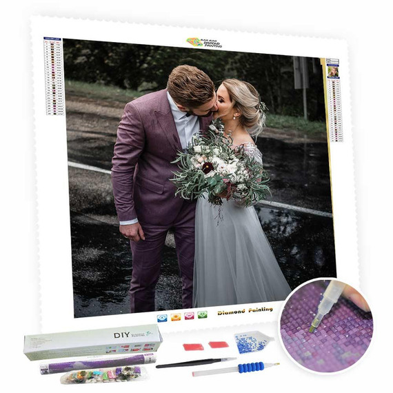 BlingPainting Full Drill Custom Diamond Painting Kits - Customized Gifts For Your Love, Memorial Gifts, image of a couple kissing on a rain-soaked street, with diamond painting supplies including a diamond pen, tray, wax, and colorful diamonds in front.