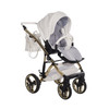 Side view of the Junama Candy Premium pram with the diamond carrycot. Shows frame detail, ventilation panel, and large wheels.