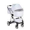 Rearview of the Junama Elegant pram with the diamond carrycot. Shows frame detail, rear design, and large wheels