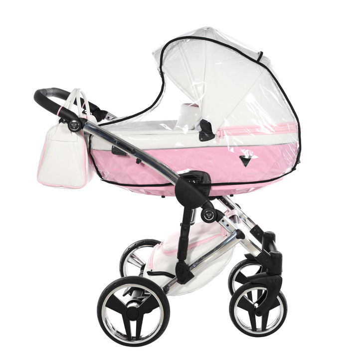 Side view of the Junama Candy pram with the diamond carrycot. Shows frame detail, raincover, and large wheels.