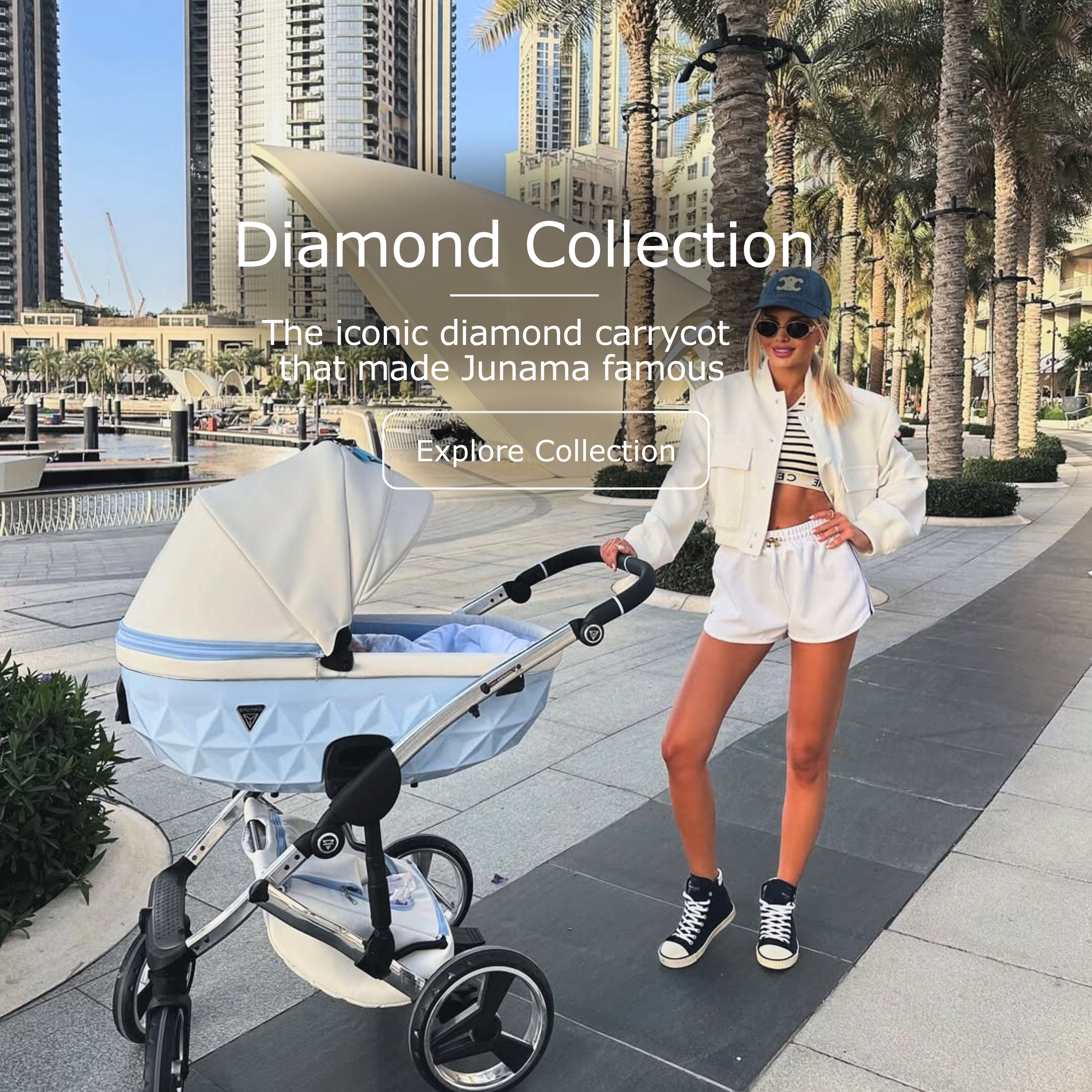 Junama Diamond Collection pram in blue with iconic diamond carrycot design