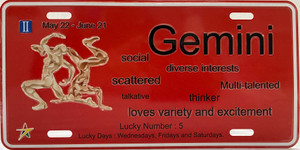 Zodiac "Gemini" Full Embossed Aluminum License Plate 12"x6"