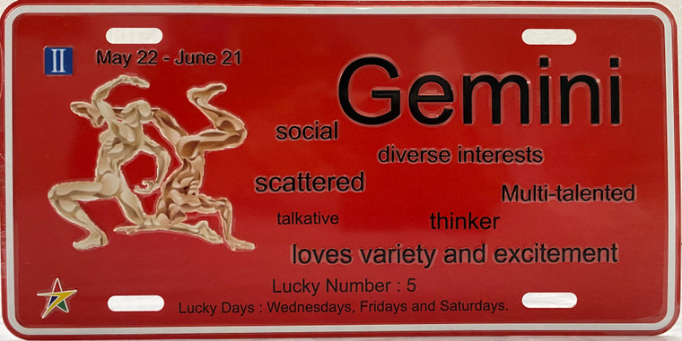 Zodiac "Gemini" Full Embossed Aluminum License Plate 12"x6"