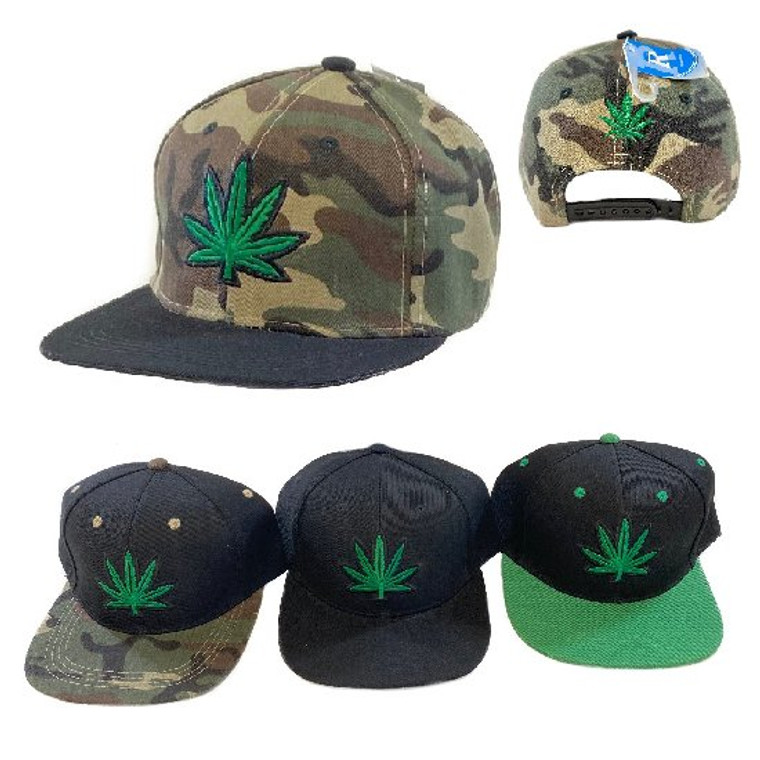 Embroidered Leaf Black/Camo/Green Snap Back Flat Bill Hat/Cap