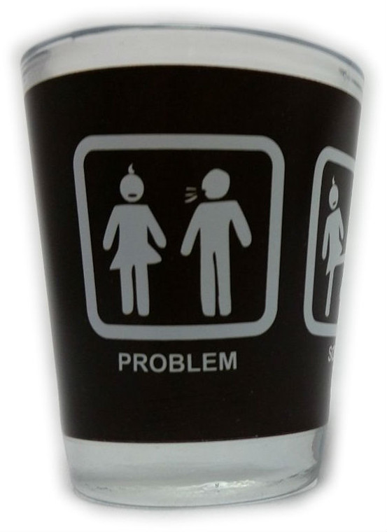 Funny Shot Glass "PROBLEM SOLVED (female kicking male)" 2 oz