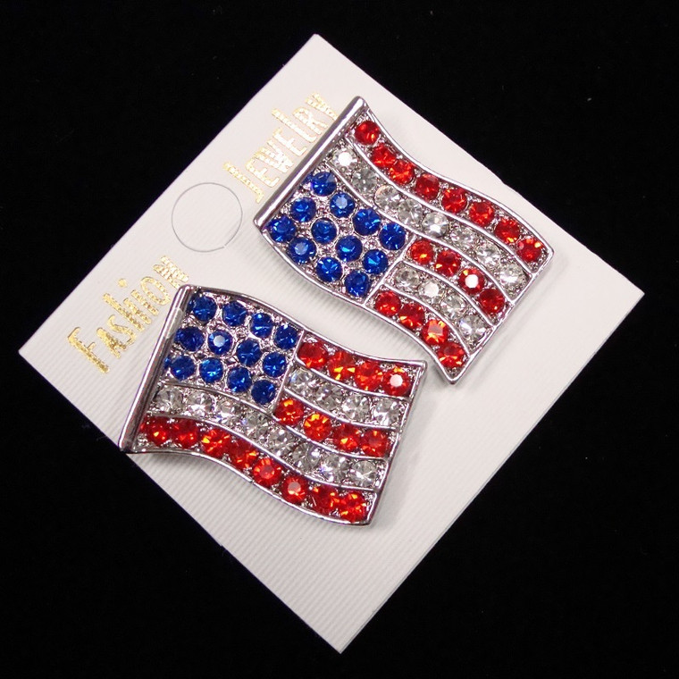 USA Flag Crystal Stone CLIP ON Earrings 1.25"