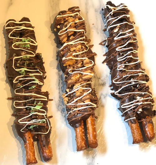 double chocolate caramel pretzel with crushed sandwich cookies.