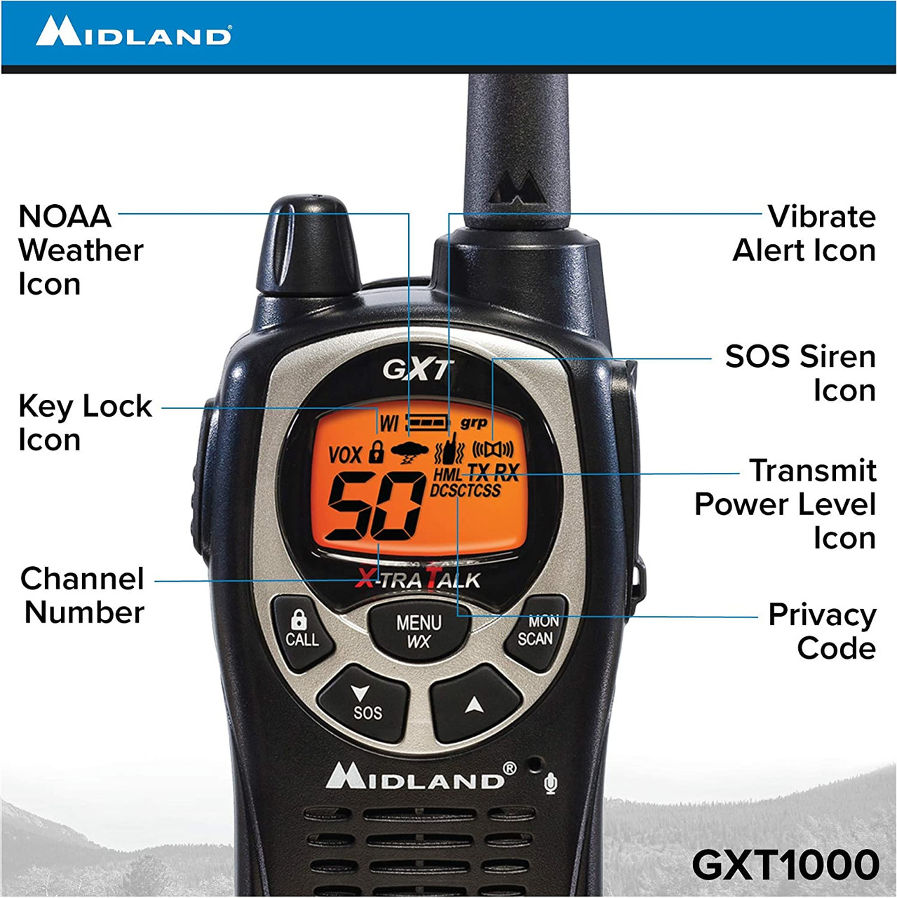 Midland GXT1000VP4 - 50 Channel GMRS Two-Way Radio - Long Range Walkie  Talkie with 142 Privacy Codes, SOS Siren, and NOAA Weather Alerts and  Weather