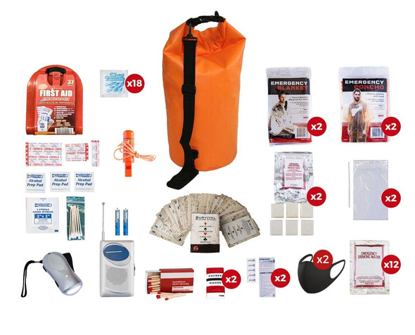 This 2 Person 72-Hour Emergency Preparedness Kit has all items packed securely in our Waterproof Dry Bag. Individual components are placed in waterproof bags and neatly organized in the dry bag for easy access. Hand-assembled in the USA.