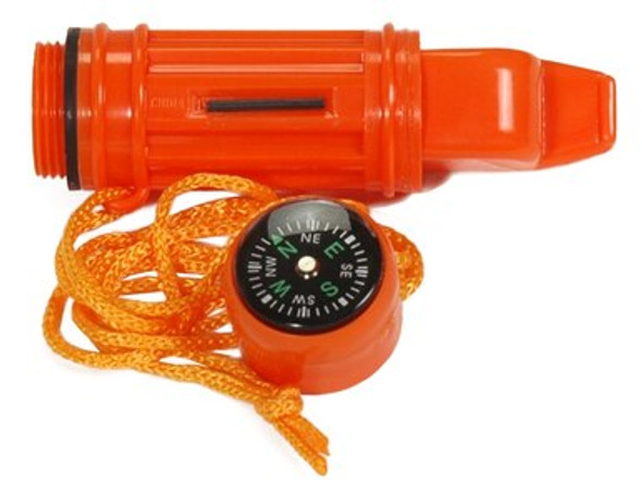 This handy survival tool has a compass, signal mirror, flint starter, waterproof container, and lanyard. The whistle sound travels over 1 mile.