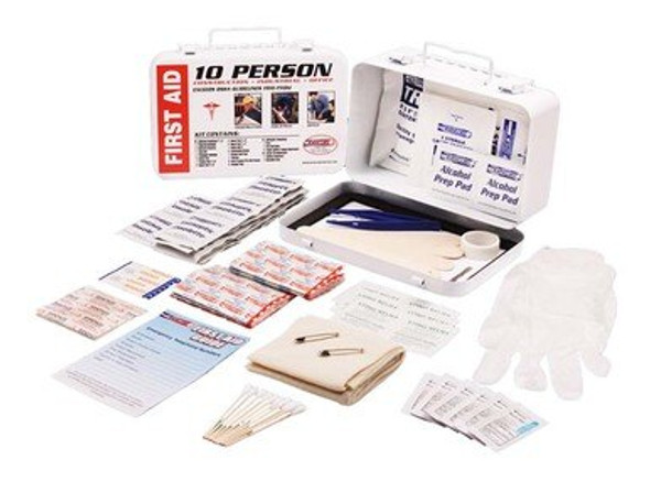 This comprehensive first aid kit was designed to meet the needs of 10 people. It is packaged in a white metal case. It is perfect for indoor or outdoor storage. The durable case will protect its contents under demanding conditions.