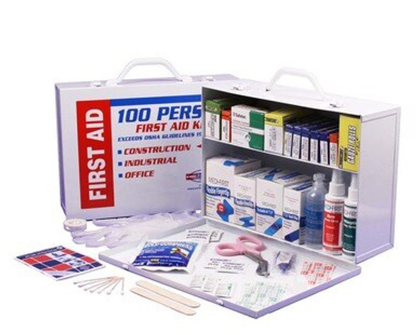 This 2-Shelf First Aid Cabinet was designed by leaders in the emergency preparedness industry. This kit contains 656 pieces that are packaged neatly into a white steel case that can be mounted on a wall for easy access.