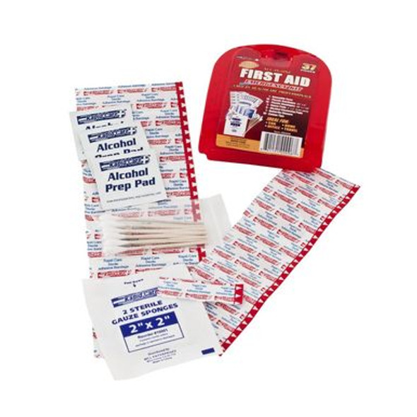 This comprehensive 37 Piece First Aid kit is packaged in a red plastic case that is portable and lightweight!