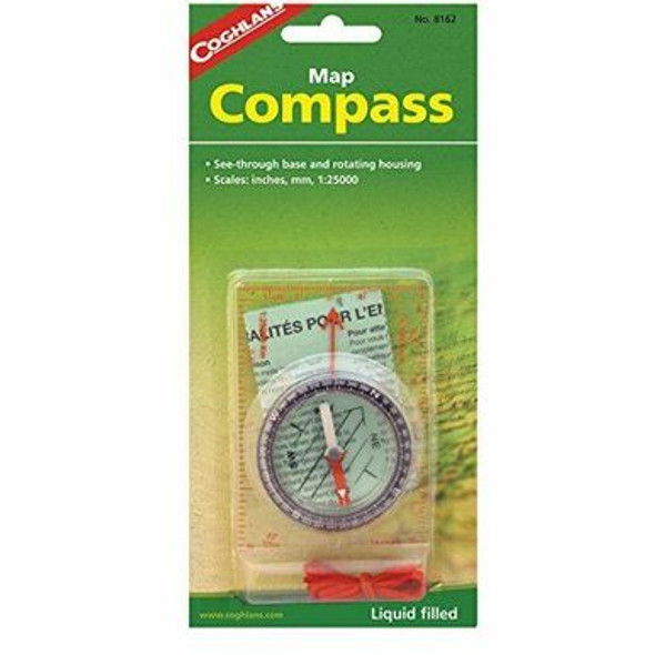 This Coghlan's Map Compass features a see through base and rotating, liquid filled housing. Base contains scales in inches, millimeter and 1:25,00. Jeweled needle and luminous pointer.