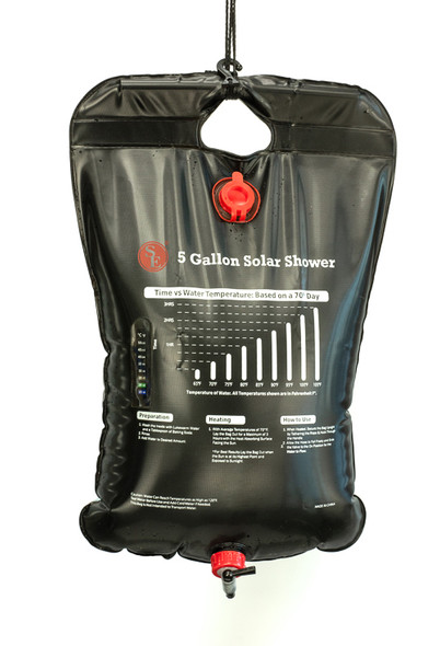 This Camping Shower Bag with Flexible Hose is convenient and safe for all your outdoor activities. Designed to carry 5 gallons of water that is durable and reliable with a handy on/off valve and 2' shower hose.