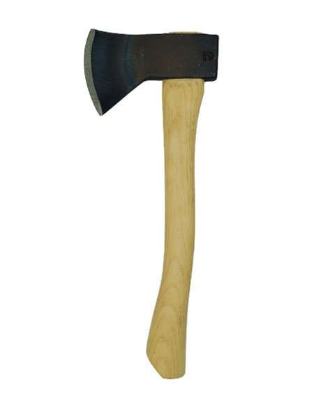 1.25 lb. Hudson Bay Axe head outfitted with an 14″ curved hickory handle. One-handed camp axe. Used for light splitting, chopping, driving tent pegs, etc. The pattern is thought to have originated from “Biscayan” in Northern Spain, near France. French traders used this hand axe as a trade tool in their dealings with Native Americans for fur and other commodities in the Hudson Bay area, St. Lawrence River, and other trade routes.