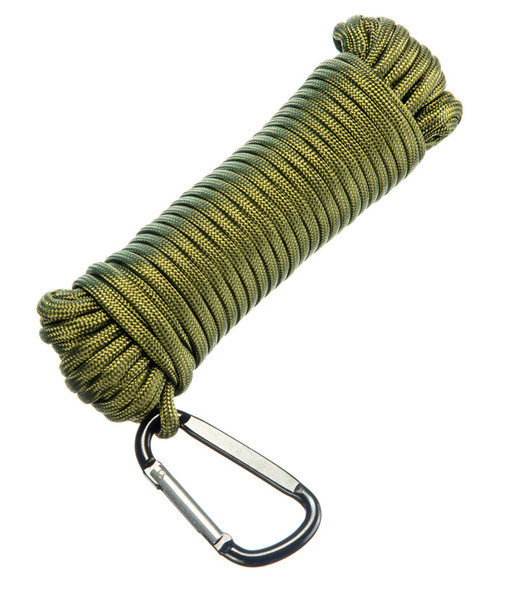 14 Strand Army Green Paracord With Carabiner. 360 Pound work load