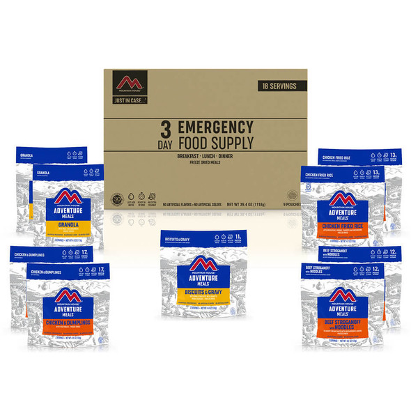 Emergency supply of breakfast, lunch & dinner for 1 person, for 72 hours. This stackable, easy-to-store kit contains 18 servings of Mountain House meals, approx. 1,706 calories per day.