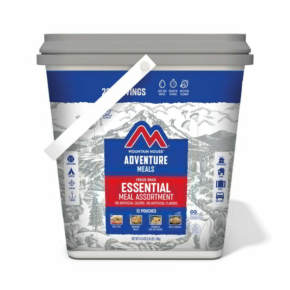 The Mountain House Essential Bucket contains 22 servings of some of our most delicious home-cooked favorites. We redesigned our Essential Bucket with the dietary needs of our gluten-free friends in mind. The Mountain House Essential Bucket contains 22 servings of some of our most delicious home-cooked favorites. We redesigned our Essential Bucket with the dietary needs of our gluten-free friends in mind.