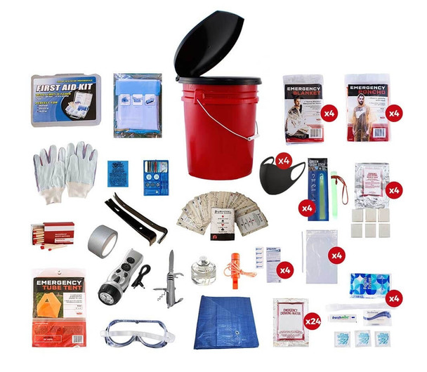 Our 4 Person Elite Bucket Survival Kit was put together for all your emergency survival needs.  All items are packed securely in our 5-Gallon Bucket with Toilet Seat Lid. Individual components are placed in waterproof bags and neatly organized in the bucket for easy access. Hand-assembled in the USA.