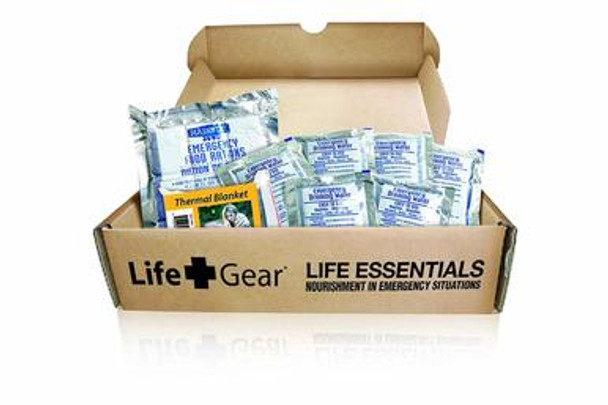 This Life Gear Life Essential includes 72 hours of food rations and water for on person and an thermal blanket.  The food has five year shelf life. A must have in case of emergencies or simply going to a 3 day camping trip.