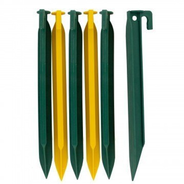 Quickly secure tents into the ground with this 6-piece Plastic Tent Stakes Set featuring durable green and yellow stakes with pointed ends and hooked tops for easy removal. Each stake measures approximately 9" long.