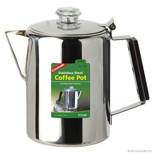Enjoy a fresh and steaming cup of coffee while spending time outdoors with the Coghlan's 9-cup Stainless Steel Coffee Percolator, 1340. This 9-cup coffee percolator is made of strong 18/8 stainless steel. It has a polycarbonate percolator top and features precision-fit parts and seamless construction for long-lasting durability.