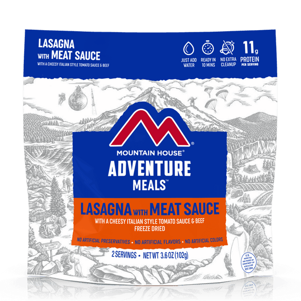 Mountain House Lasagna with Meat Sauce Pouch. Made with real meat sauce, cheese, and noodles, Mountain House Lasagna with Meat Sauce is a comforting, nearly-instant meal that can be enjoyed anywhere around the world at any given time.