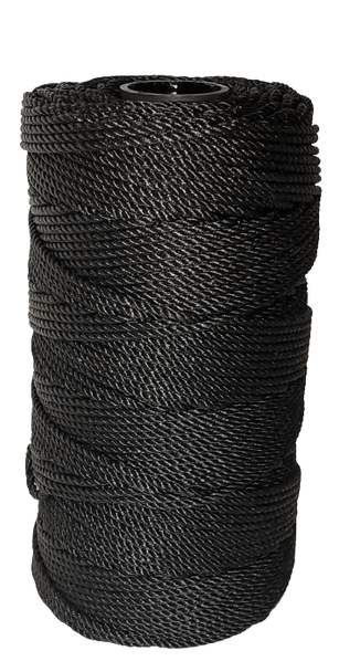 This black netcoat treated twine, a. k. a. bank line, is resistant to abrasion, mildew, rot, marine growth, and most chemicals. Stiff and at times tacky from the treat this line has excellent knotting qualities.