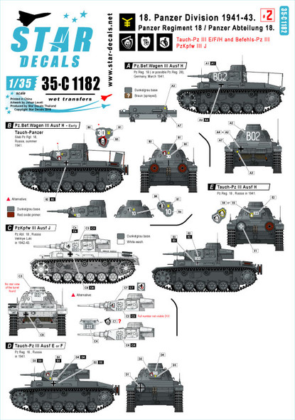 18. Panzer Division # 2. 1941-43. Tauch-Pz III E, F, H, Befehls-Pz III H, PzKpfw III H.