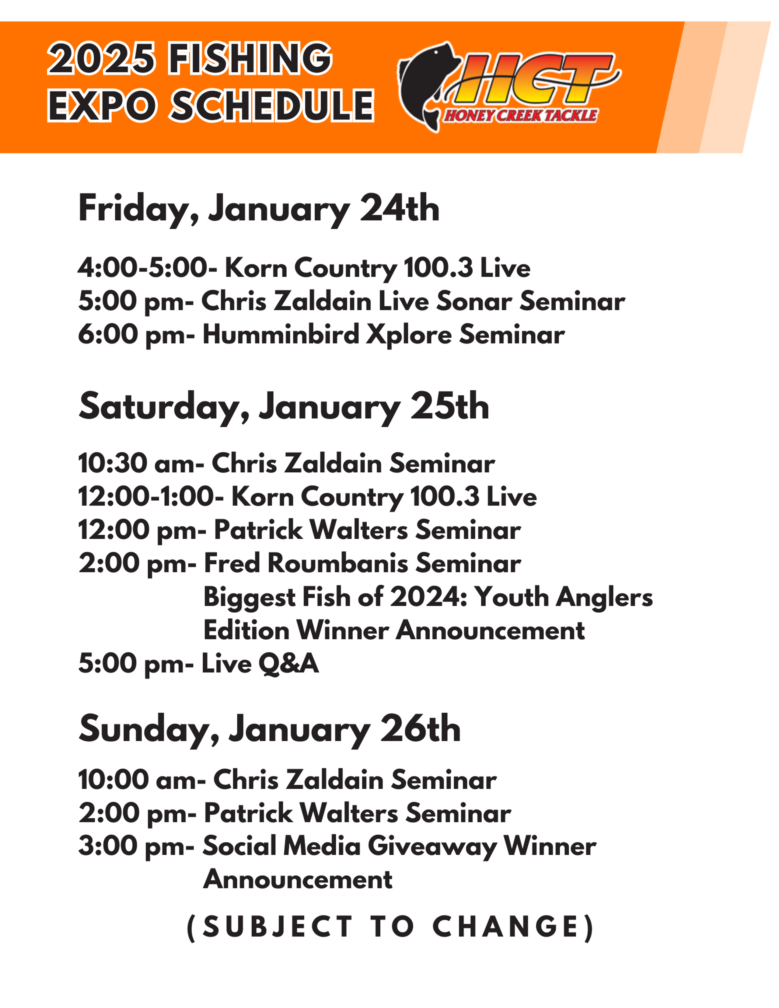 2025 Fishing EXPO Schedule Honey Creek Tackle USA