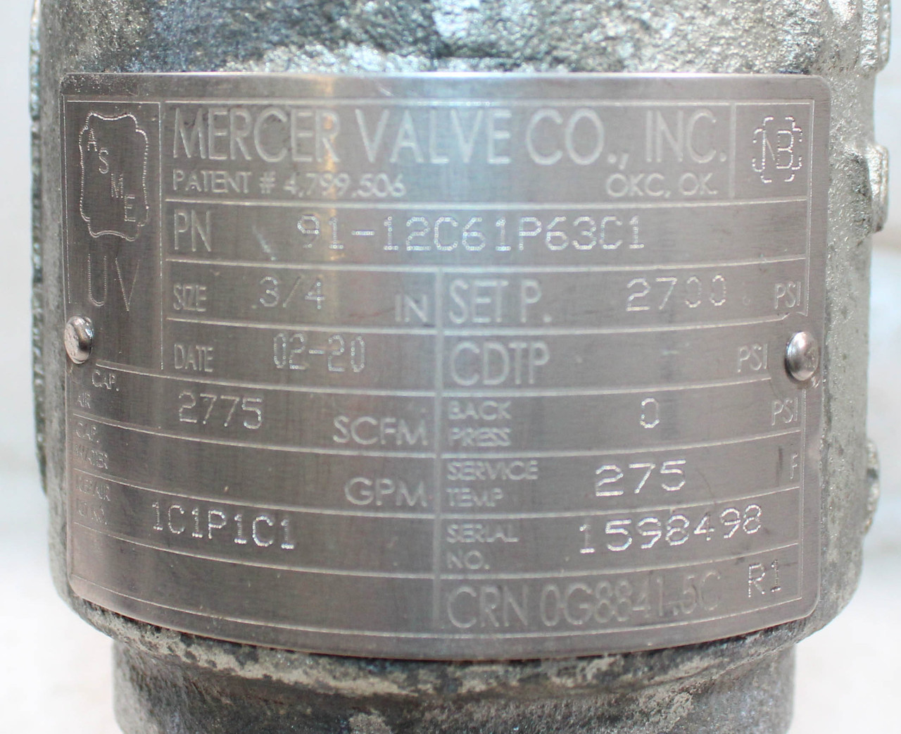 Mercer Valve 91-12C61P63C1 Relief Valve 3/4"