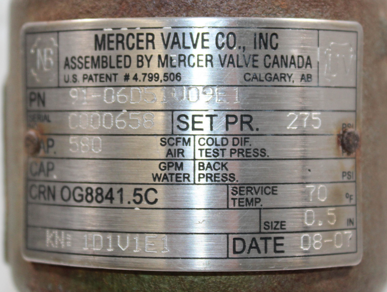 Mercer Valve 91-16C51P13C1 Pressure Relief Valve 1/2"