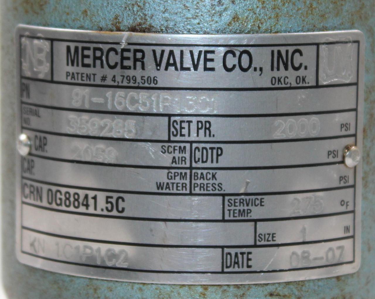 Mercer Valve 91-16C51P13C1 Pressure Relief Valve 1"