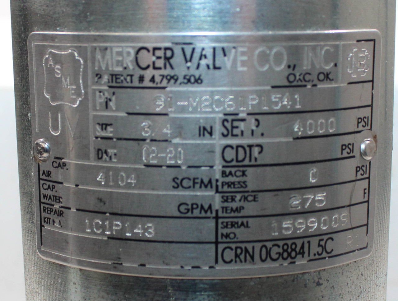 Mercer Valve 91-M2C61P1541 Pressure Relief Valve 3/4 In 4000 psig