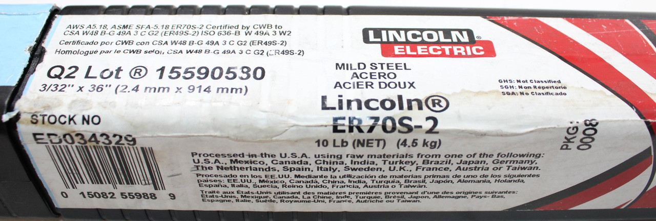 Lincoln ED034329 TIG Welding Filler Rod – 3/32" x 36", 10 lb, AWS A5.18 ER70S‑2